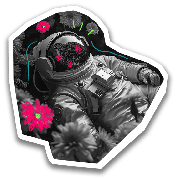 foto preta e branca de um astronauta deitado num campo de flores