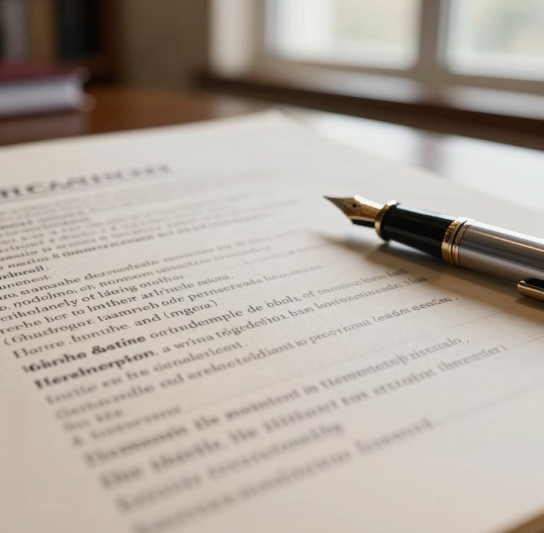 Macro shot of structured legal documents on high-quality cream paper, a classic fountain pen resting on the side, soft natural light from a window, warm academic atmosphere.