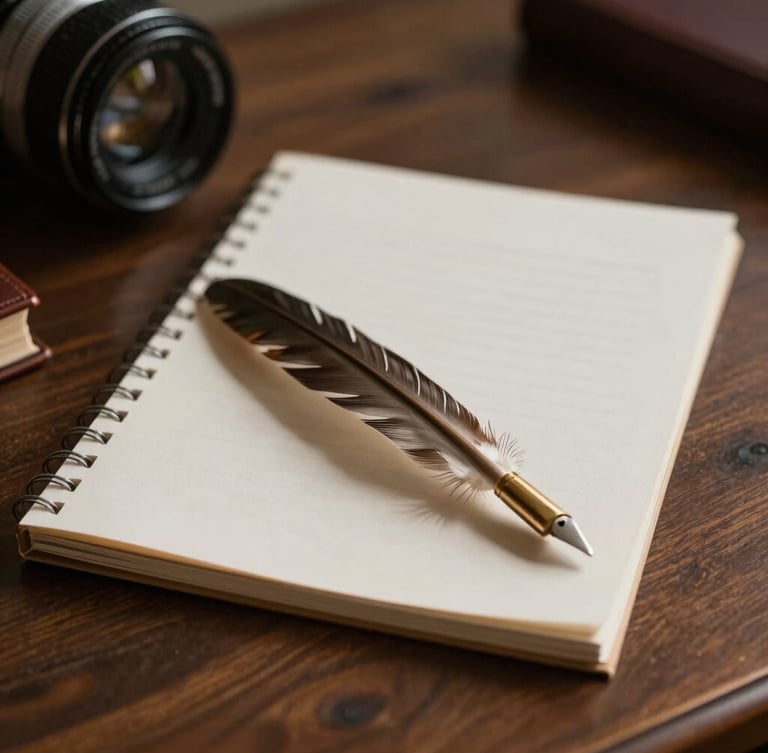 Primer plano macro de documentos legales estructurados sobre un escritorio de madera oscura, una pluma estilográfica clásica reposando al lado, iluminación natural lateral suave y difusa emulando un despacho de estudio clásico.
