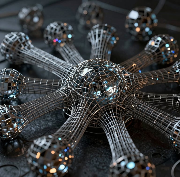 Close-up of complex mesh wireframe, dramatic studio lighting, hyper-detailed textures, metallic and glass refractions, dark moody atmosphere, 8k
