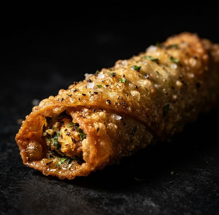 Macro shot of golden, crispy Soul Rolls, glistening with seasoning, on a deep black background with dramatic chiaroscuro lighting, shallow depth of field.