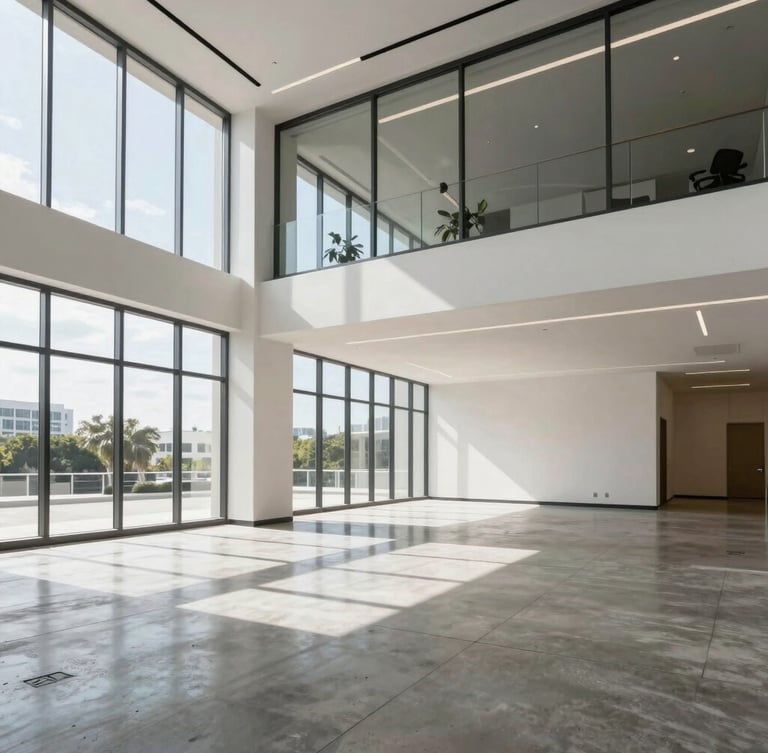 Wide-angle architectural shot of a newly finished commercial office interior in Miami, clean geometric lines, bright natural daylight streaming through large windows, polished concrete flooring.