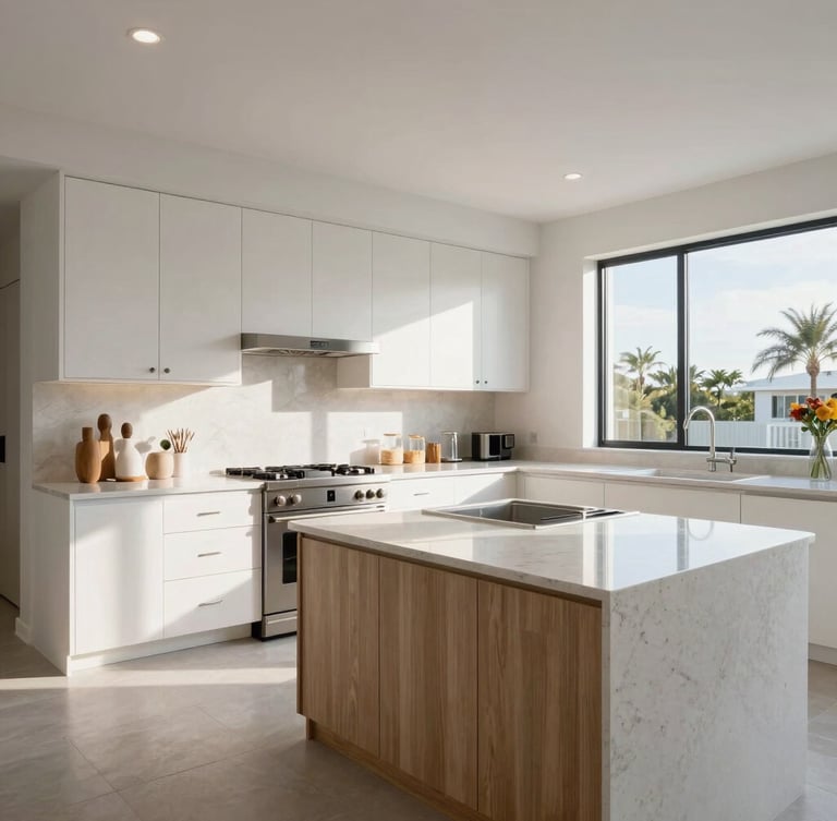 Wide-angle architectural photograph of a modern South Florida kitchen, clean quartz countertops, custom white oak cabinetry, bright morning daylight.