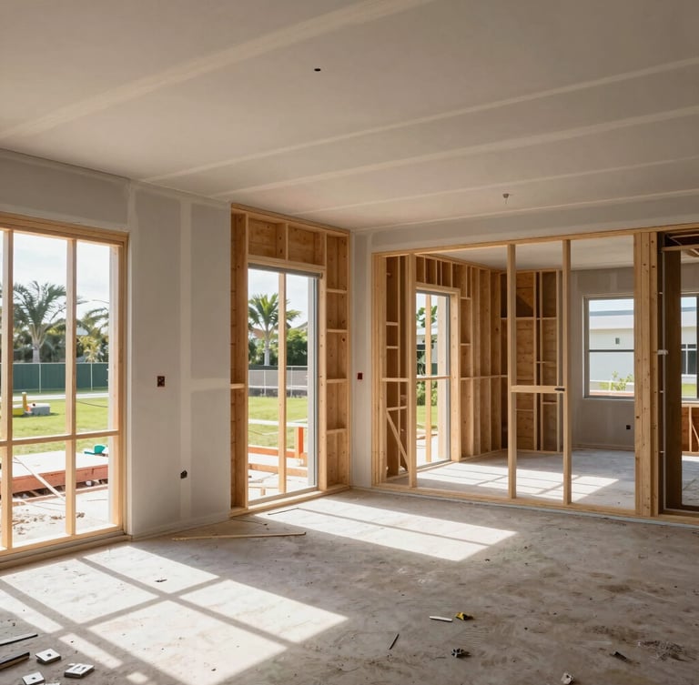 Crisp interior view of an active, highly organized South Florida residential construction site, showing flawless drywall installations and clean structural framing under bright natural daylight.