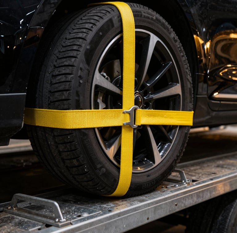Close-up of a heavy-duty yellow wheel strap tightly securing a luxury car tire to a steel flatbed deck, dramatic high-contrast lighting, sharp focus on the woven strap texture