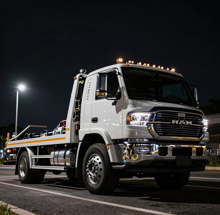 Low-angle heroic shot of a pristine RAM 5500 tow truck flatbed, high-contrast night streetlights reflecting off polished metallic details, deep blacks, sharp focus, 35mm lens