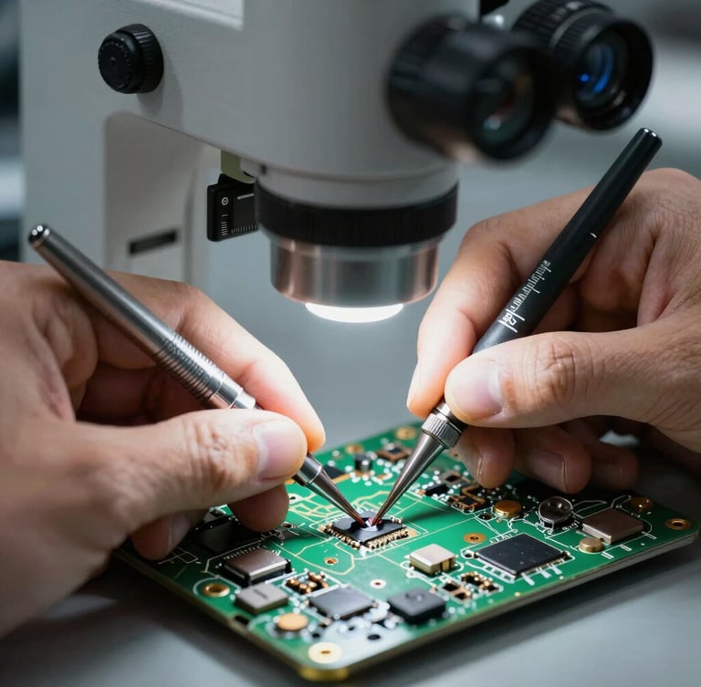 Macro shot of a technician hands performing micro-soldering on an iPhone logic board under a bright clinical microscope light, precise tools in focus.