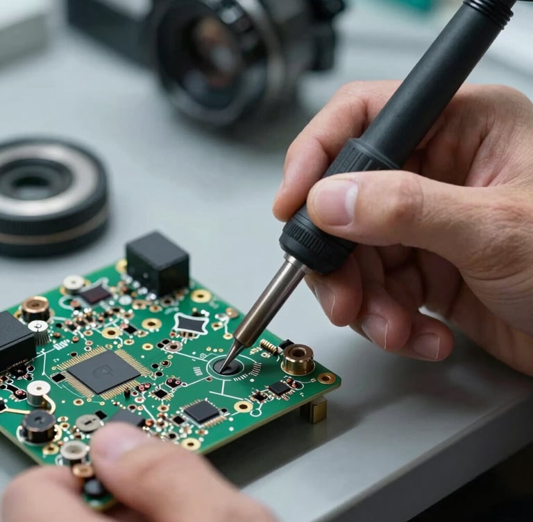 Macro clinical shot of a technician's hand using a high-precision soldering iron on an Apple logic board under a microscope, cool lighting