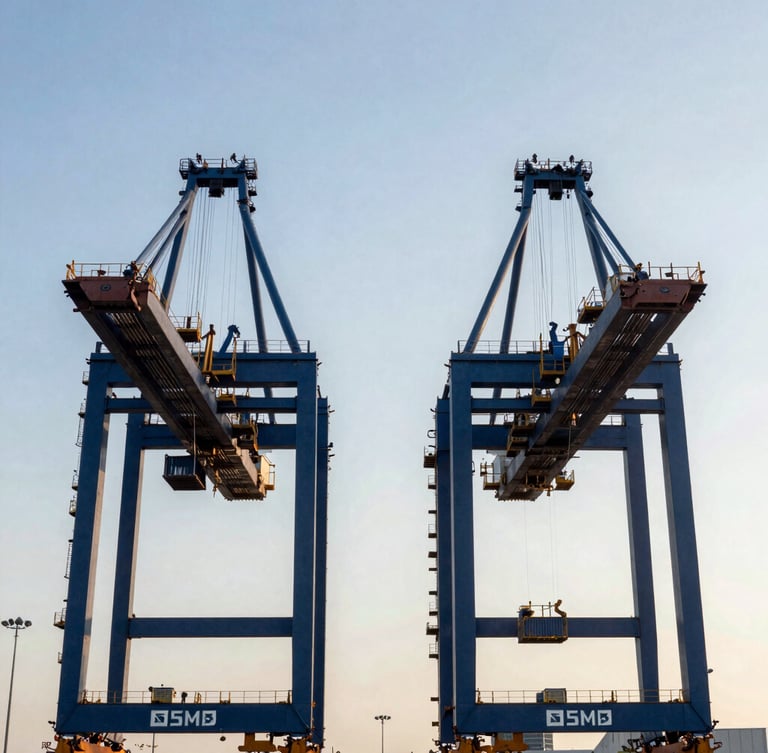 Symmetrical architectural shot of a modern container terminal, towering blue gantry cranes, crisp daylight with subtle golden-hour highlights on metallic surfaces, professional 35mm.