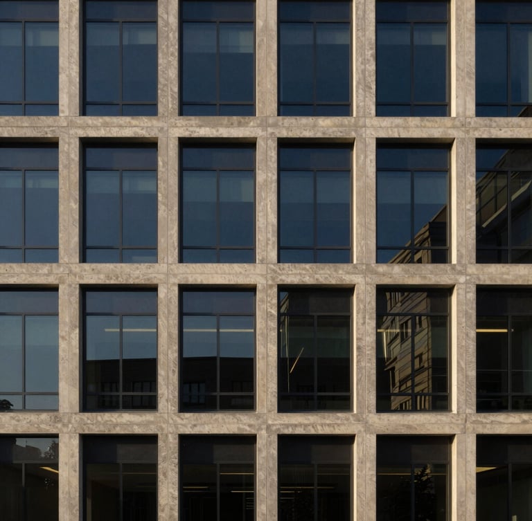 Symmetrical architectural close-up of a modern corporate headquarters facade, sharp concrete and glass lines, deep navy shadows and warm golden hour sunlight reflecting off the windows, professional 35mm photography.