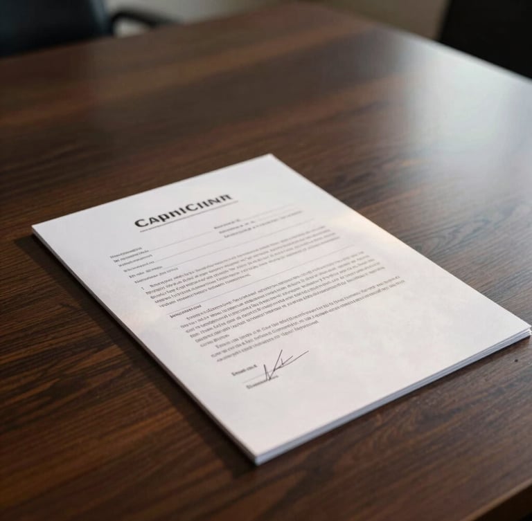 Close-up of signed legal document on a dark wooden boardroom table, warm golden-hour light hitting the paper, professional editorial corporate photography