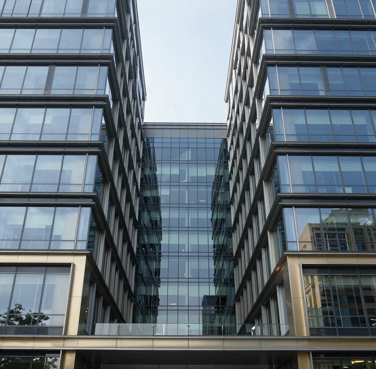 Symmetrical modern office building exterior with clean glass reflections, architectural lines, cool daylight, professional 35mm photography