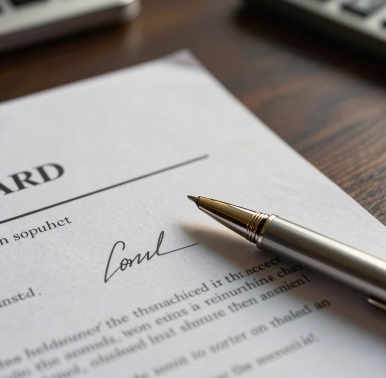 Macro close-up of a signed legal contract on a dark wooden corporate table, subtle golden hour light catching the metallic pen and paper texture.