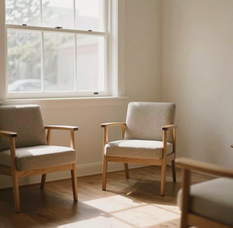 Warm editorial photograph of a clean, peaceful private therapy room, soft afternoon light streaming through a window, comfortable wooden chairs, earth-toned decor, shallow depth of field, 35mm