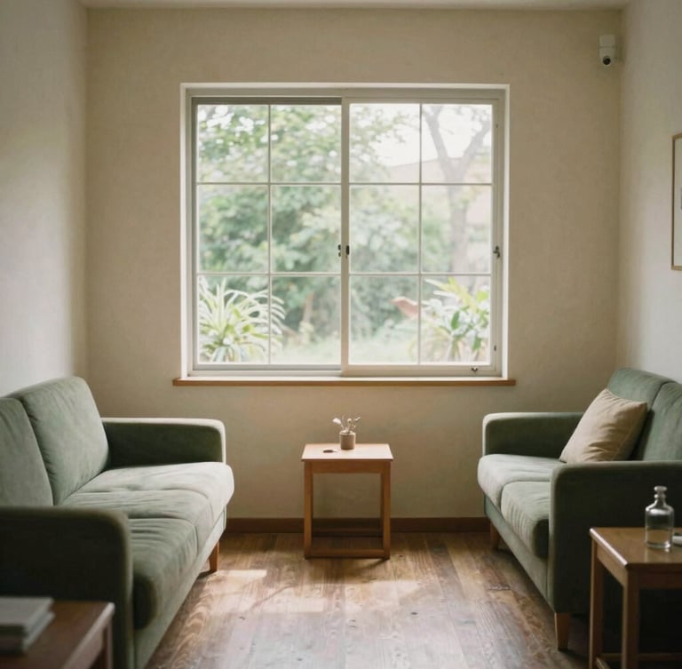 A warm, daylight-filled therapy room with comfortable seating, soft forest green accents, and a large window showing green foliage outside, 35mm photography