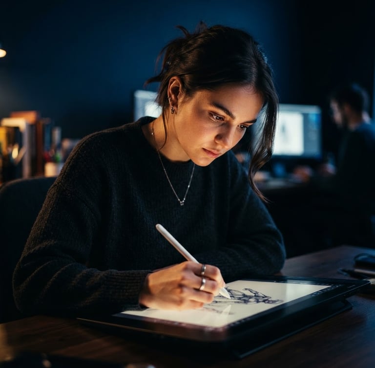 A close-up portrait of a designer sketching concept art on a digital tablet, warm cinematic studio lighting, shallow depth of field, rich midnight blue tones.