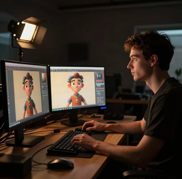 Behind-the-scenes portrait of a digital artist working on a high-end 3D character design, glowing monitors reflecting warm light, dramatic high-contrast studio lighting, shallow depth of field, cinematic editorial style.