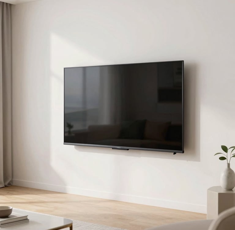 A slim smart TV perfectly wall-mounted in a modern, bright living room, neat cable management, clean interior, 35mm.