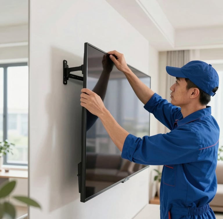 A professional technician in a clean blue uniform carefully mounting a large sleek flat-screen TV onto a modern living room wall, bright natural indoor daylight, sharp focus on hands and bracket