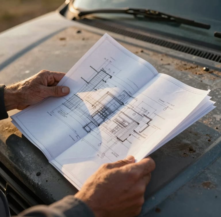Close-up of weathered hands holding engineering blueprints open on a dusty truck hood, golden hour sunlight catching the paper texture.