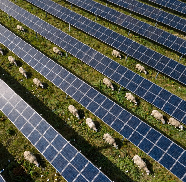 Drone-perspective pattern of agrivoltaics with solar panels angled over sheep grazing on lush pasture, high-contrast natural light.