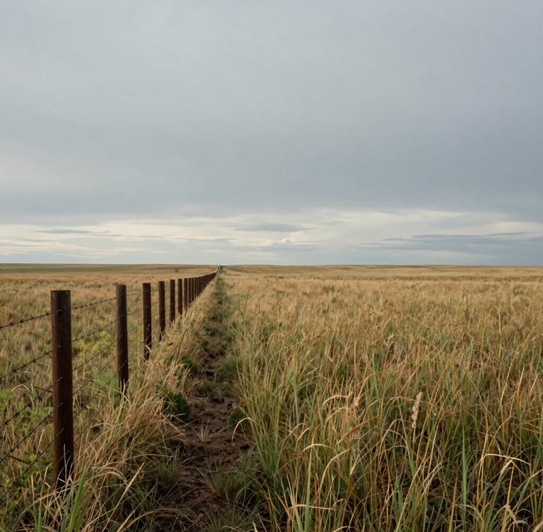 Overcast panoramic view of a wide Nebraska prairie with native grasses, a vintage barbed-wire fence lining the left third, deep soil textures visible under low-angle light.