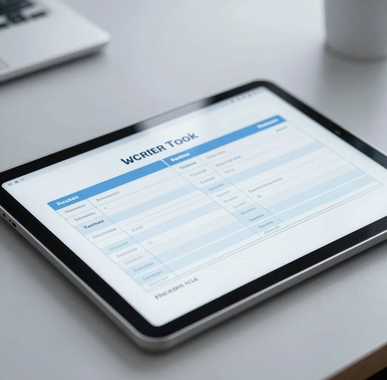 Close-up of a digital appraisal report displayed on a tablet screen, clean modern office desk background, cool slate gray tones, bright overcast lighting