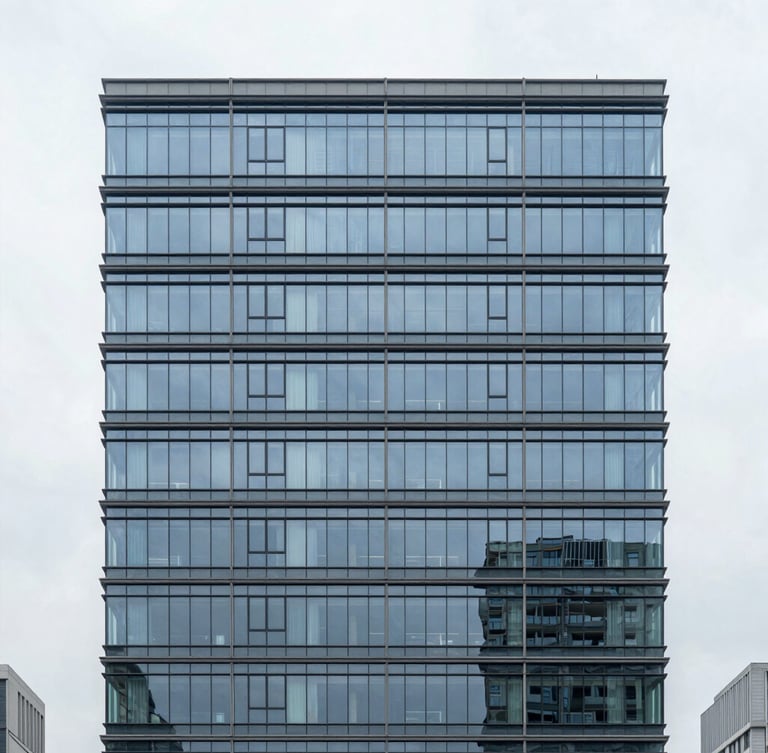Straight-on architectural elevation of a modern commercial office building with clean glass facades, bright overcast daylight, cool desaturated slate tones, sharp focus, 35mm lens