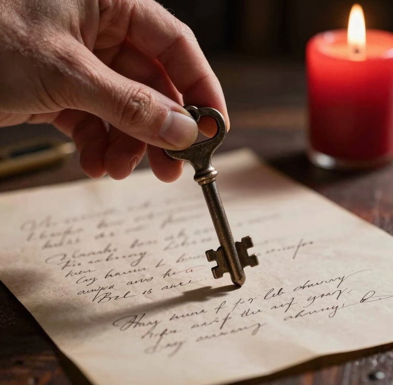 Extreme close-up of a hand holding a heavy iron key over a handwritten parchment, lit by a single burning red candle casting dramatic chiaroscuro shadows, dark background.