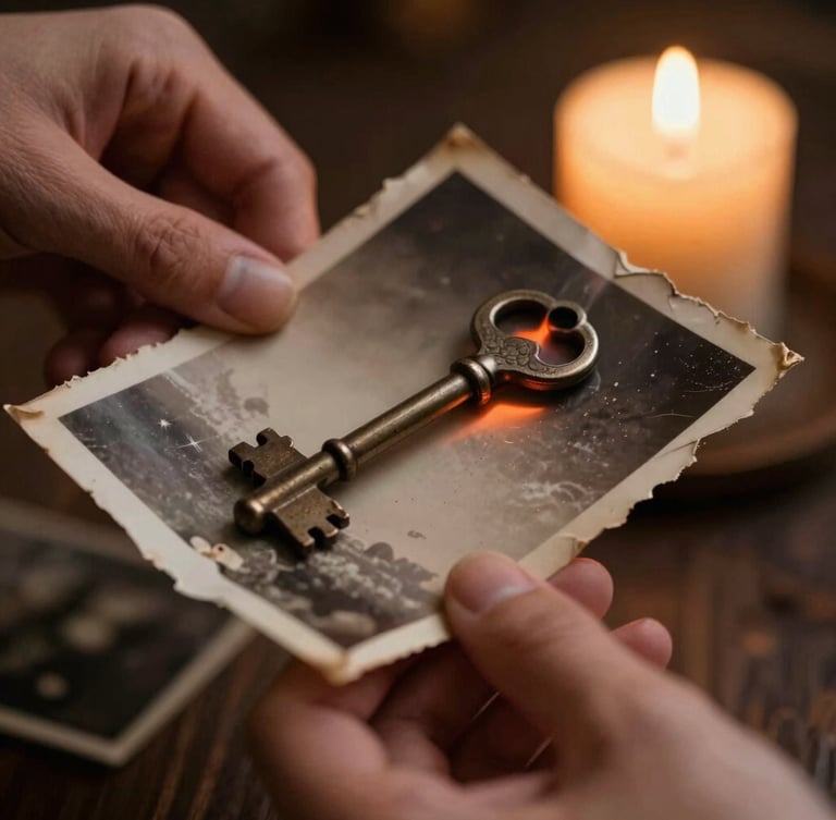 Extreme close-up of hands holding an old torn photograph over a burning iron key, single candle light, dramatic shadows, esoteric-noir