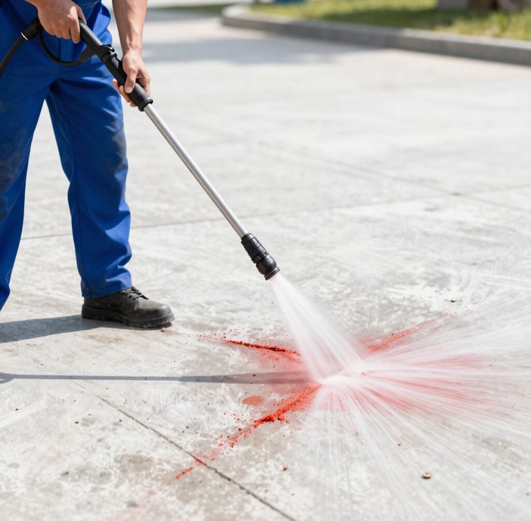 A professional cleaner pressure washing a concrete pathway covered in red dirt, high-pressure water stream stripping away stains, bright sunny outdoor daylight, sharp focus
