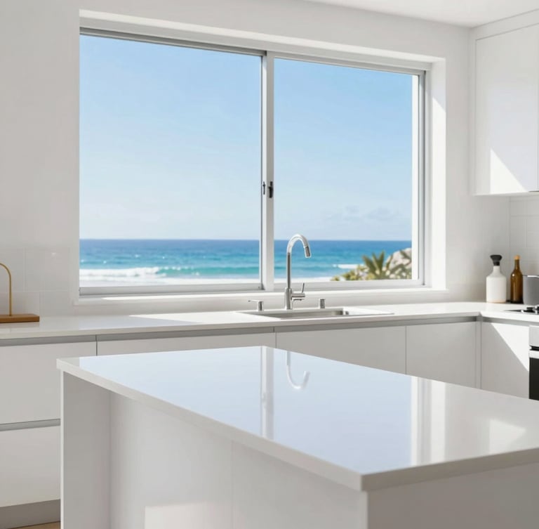 Bright high-key commercial photography of a spotless modern kitchen, sparkling white countertops, large window overlooking bright coastal Broome light, sharp focus, 35mm