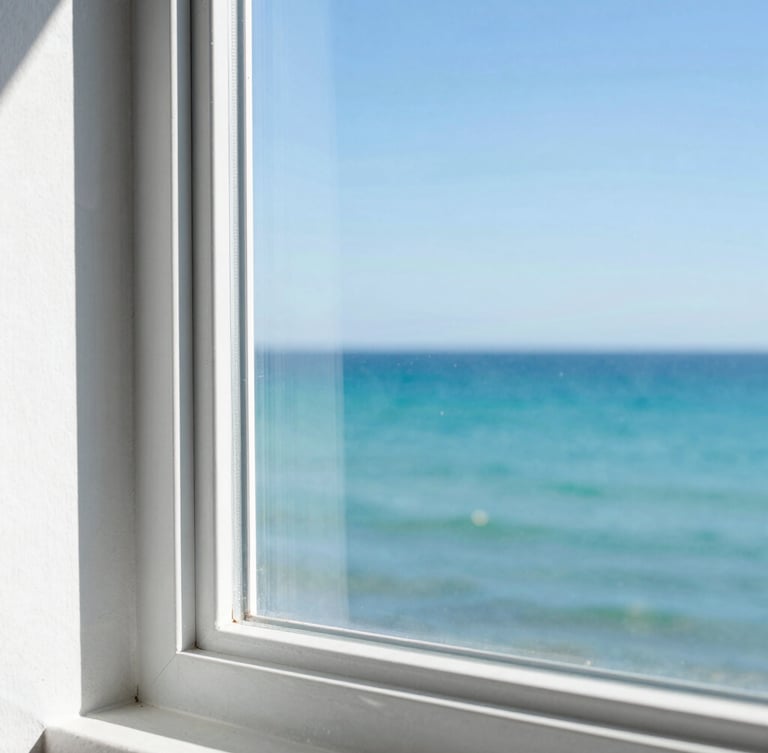 A close-up of a sparkling clean glass window frame overlooking the bright turquoise Broome coast, crisp sunny daylight, sharp focus, 35mm
