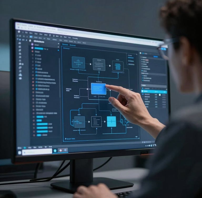 Sleek corporate technology photography, close-up of a senior developer analyzing complex system architecture on a high-end monitor, cool blue and slate tones, crisp studio lighting, shallow depth of field, 35mm.
