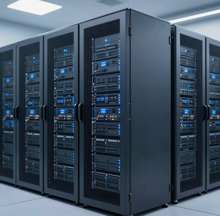 Sleek corporate technology photography, wide view of a modern data center with cool blue and slate tones, crisp studio lighting, high-contrast, shallow depth of field, 35mm.