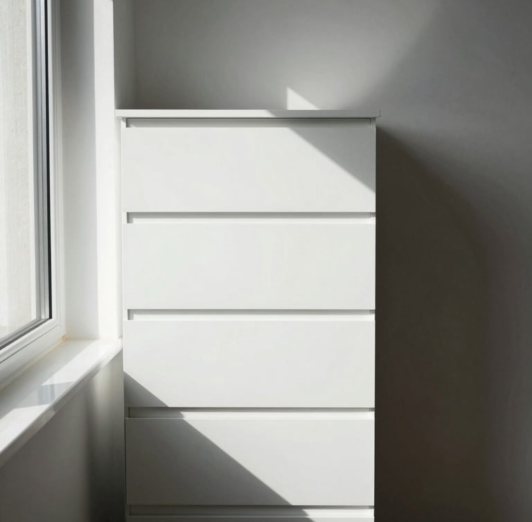 Straight-on architectural photograph of a narrow vertical dresser tower in a tight corner next to a window, sharp shadows, minimalist interior, 35mm