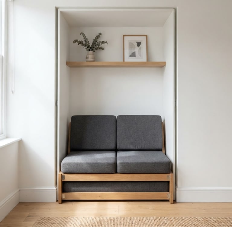 Crisp straight-on architectural elevation of a convertible guest sofa bed frame folded in a narrow apartment alcove, sharp clean shadows, bright daylight, 35mm