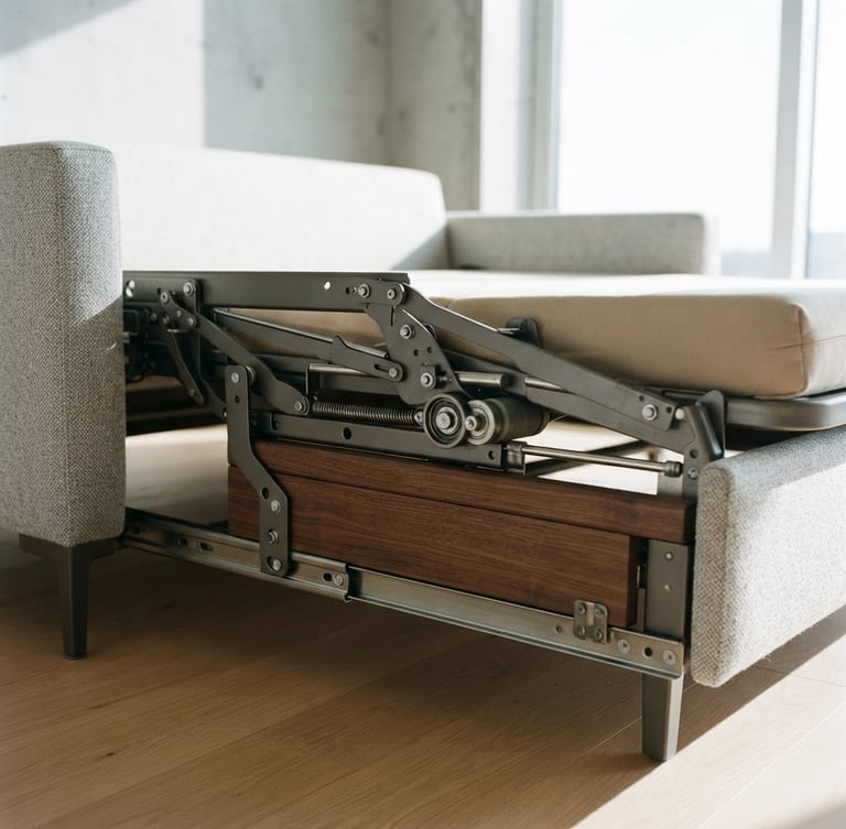 Crisp architectural photography of a minimalist metal sofa bed mechanism sliding smoothly, bright natural daylight, sharp clean shadows, warm walnut accent details, 35mm