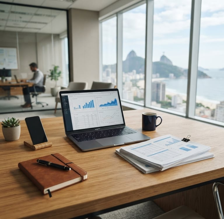 A bright, clean corporate office in Rio de Janeiro, a professional workspace with financial documents and a laptop on a wooden desk, soft natural daylight, sharp focus, 35mm lens