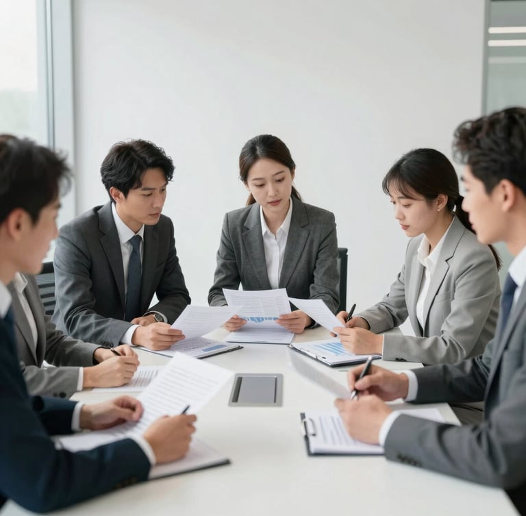 A professional meeting in a bright, modern corporate boardroom, business directors reviewing financial spreadsheets, clean daylight, sharp focus, professional neutral tones