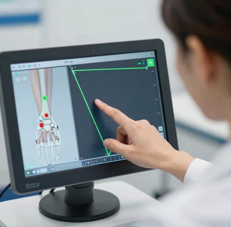 Close-up of a physiotherapist pointing at a digital biomechanical joint analysis screen with green angle overlays, clean clinical setting, focused depth of field