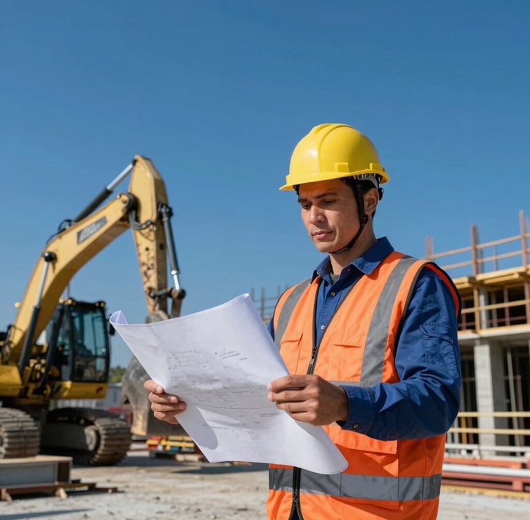 Portrait of a confident site engineer in high-visibility gear, hard hat, reviewing blueprints on an active construction site, high-contrast daylight, low-angle, deep blue and orange accents, heavy machinery in background.