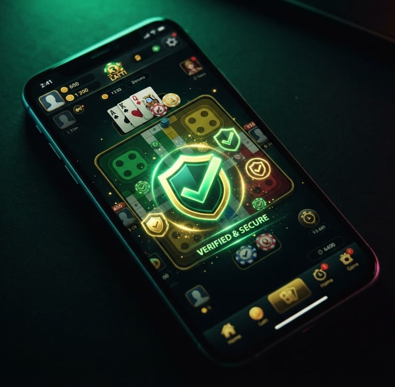 A close-up high-angle shot of a smartphone screen displaying green and gold security checkmarks over a 3 patti ludo game dashboard, vivid neon green studio lighting, deep shadows, 35mm