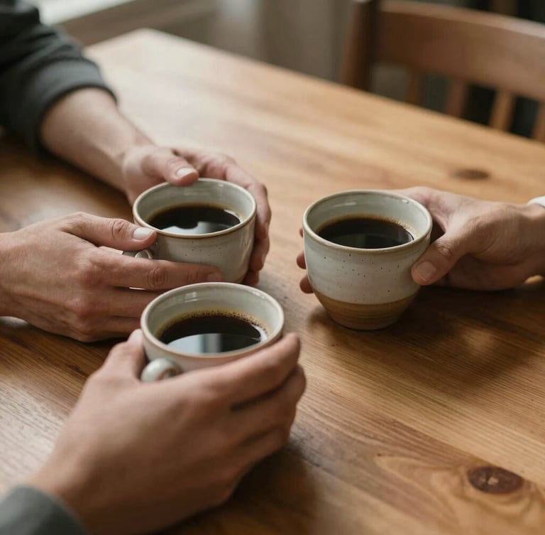 An intimate, warm-toned photograph of hands holding ceramic cups of coffee on a wooden dining table, soft natural afternoon light creating a peaceful domestic atmosphere.