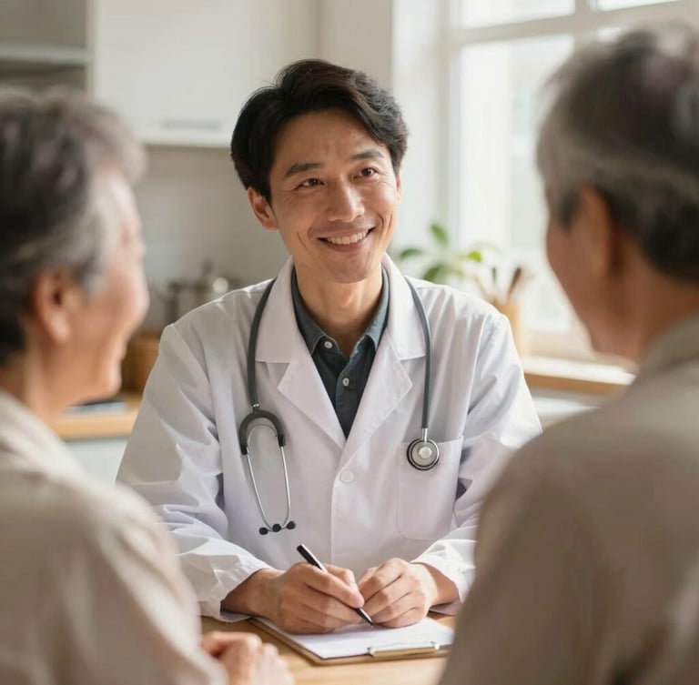 A caring operator smiling gently while talking to an elderly guest in a sunlit kitchen, soft focus, warm atmosphere.