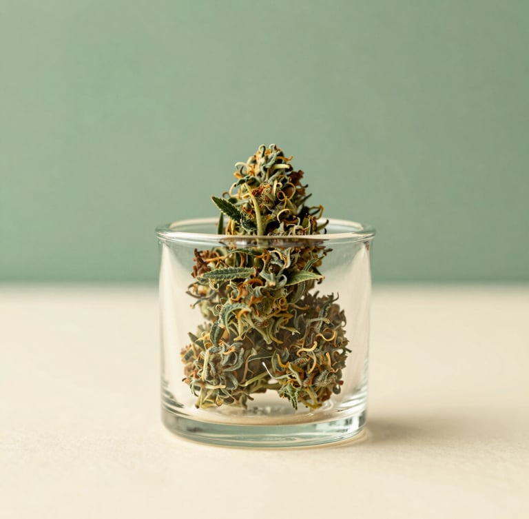 Elegant close-up of premium, lab-certified cannabis flower in a clean, minimalist glass jar, soft natural daylight, muted forest green and warm cream background, shallow depth of field, professional editorial photography