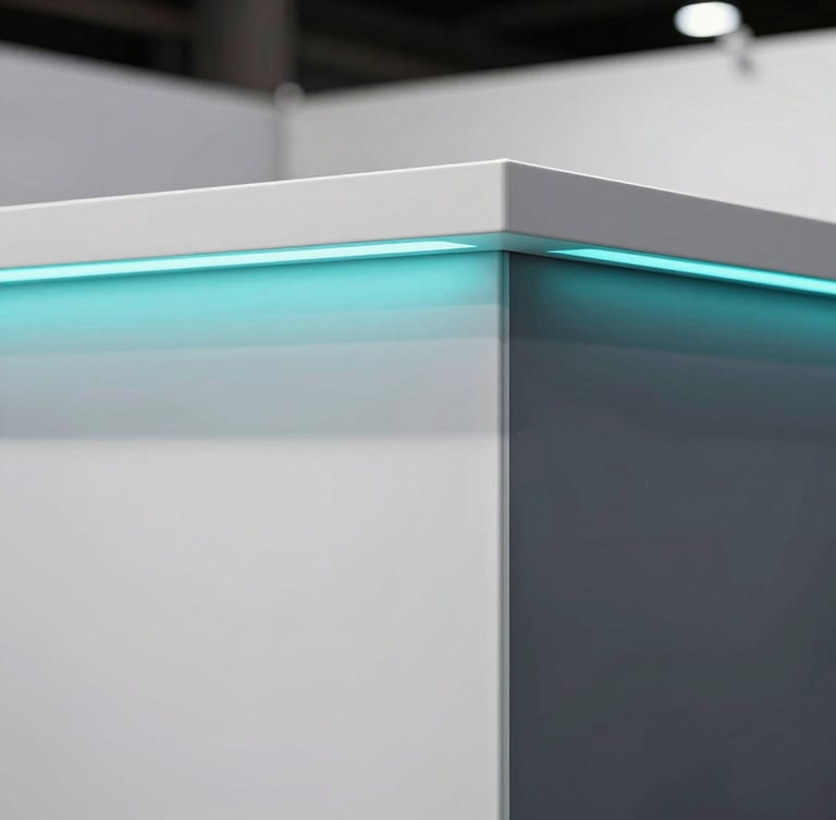 Architectural close-up shot of a pristine exhibition booth corner joint, seamless material connection, integrated bright teal LED strip lighting, clean studio-grade lighting, clinical white and deep slate surfaces, high-traffic durability.