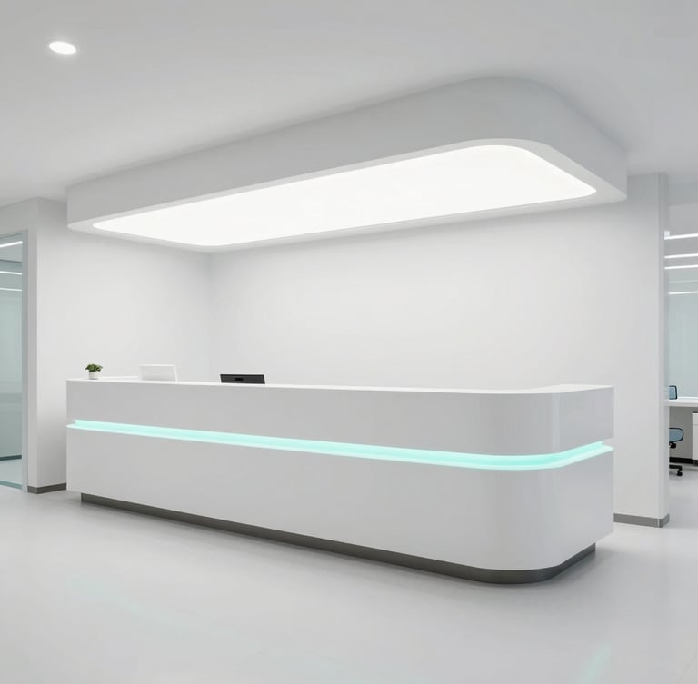 Wide architectural shot of a pristine, modern clinic reception area, sterile white surfaces, precise surgical teal LED lighting accents, minimalist reception desk, clean lines, bright even lighting, no people.