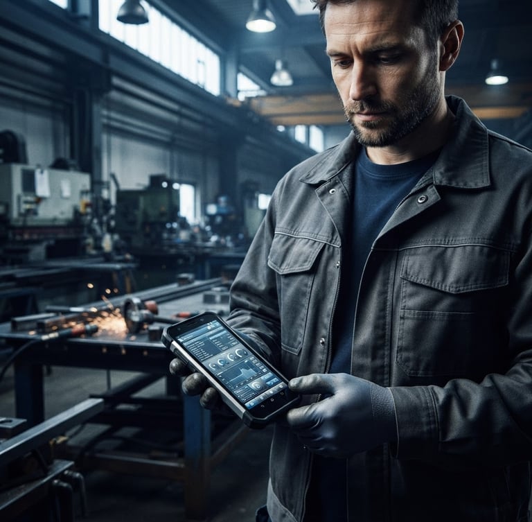 Straight-on clean mockup of KALTEK software on a mobile screen held by a workshop operator, dramatic industrial light, cool steel-grey and dark blue lighting