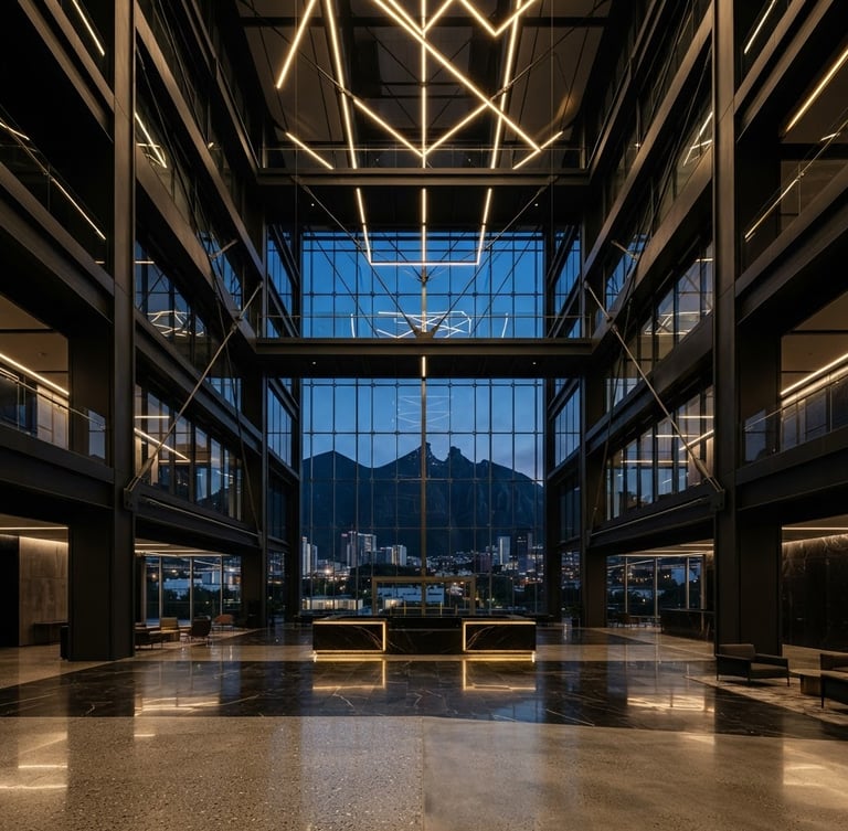 Interior corporativo de doble altura en Monterrey, con líneas geométricas nítidas, iluminación dramática y acabados en acero y cristal, vista amplia y simétrica.